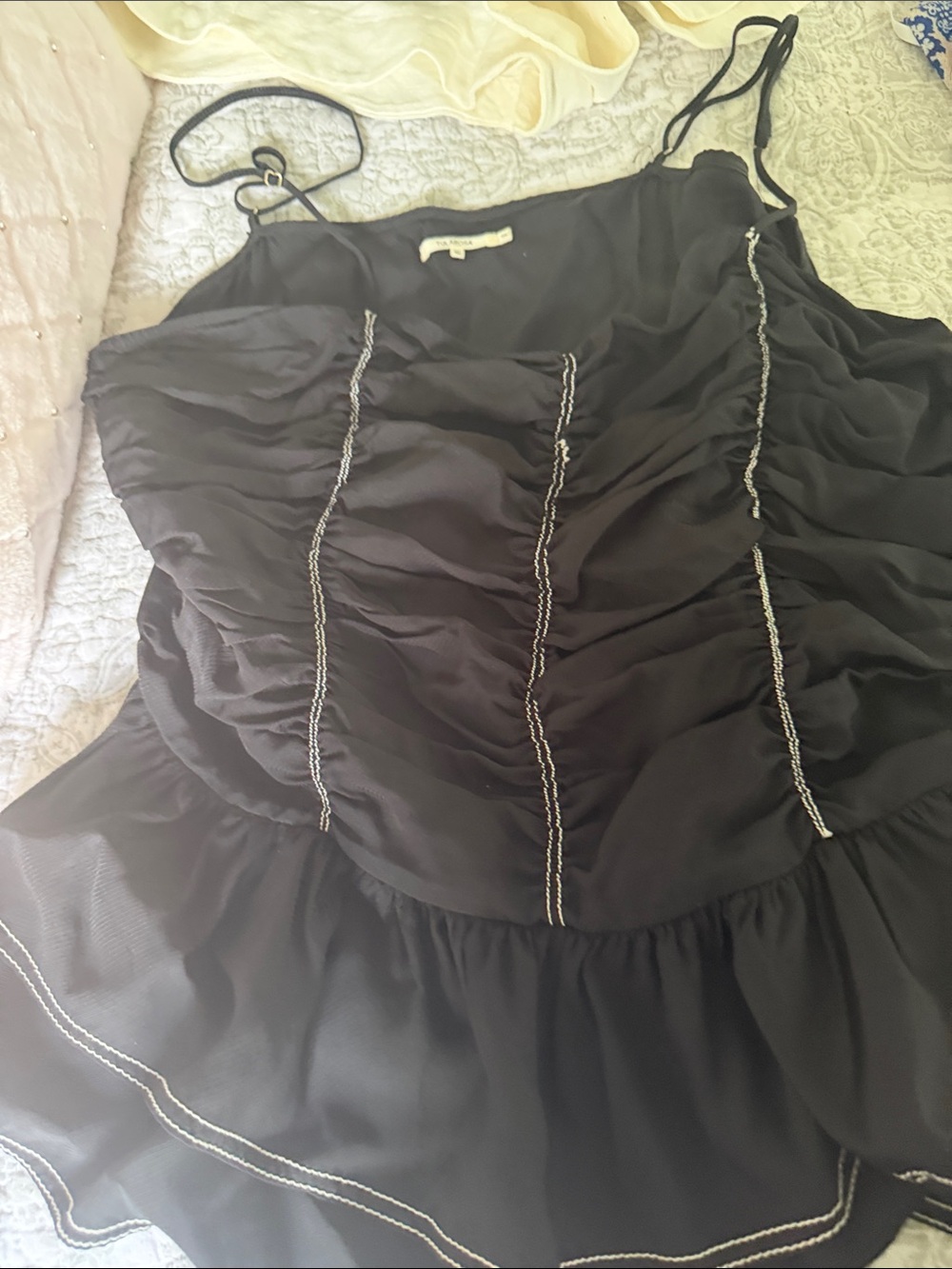 Tularosa Black Ruched Spaghetti Strap Camisole with Contrast Stitching